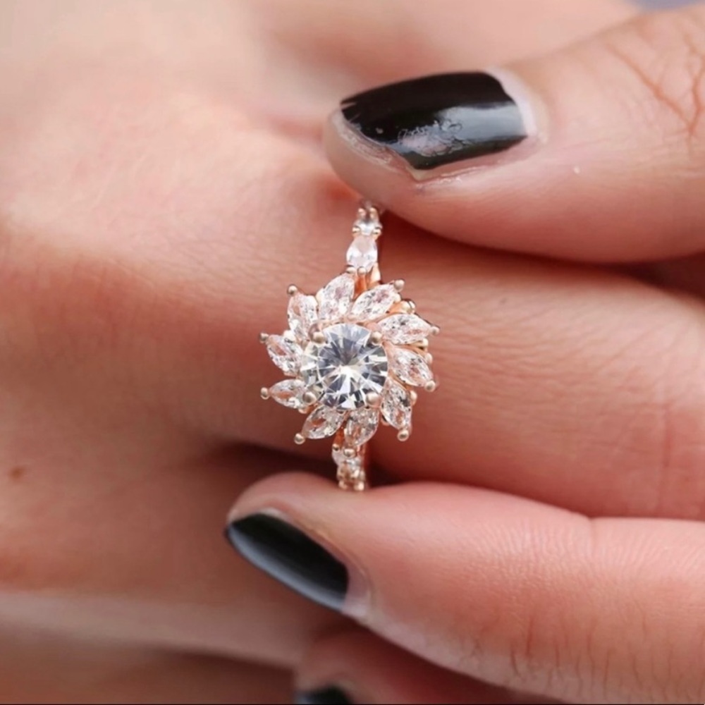 18K Rose Gold Plated Flower Ring – Simulated Diamond Cluster